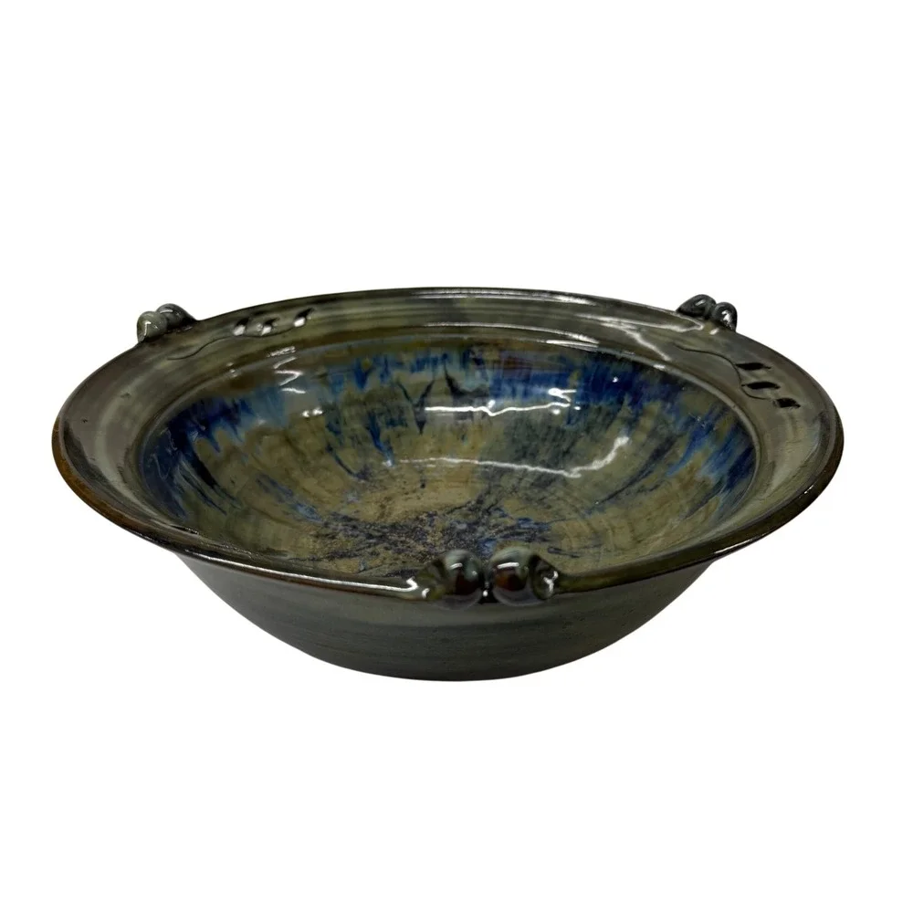 Keliyale Studio Pottery Bowl Blue Brown Drip Glaze Signed‎ Artisan Ceramic
